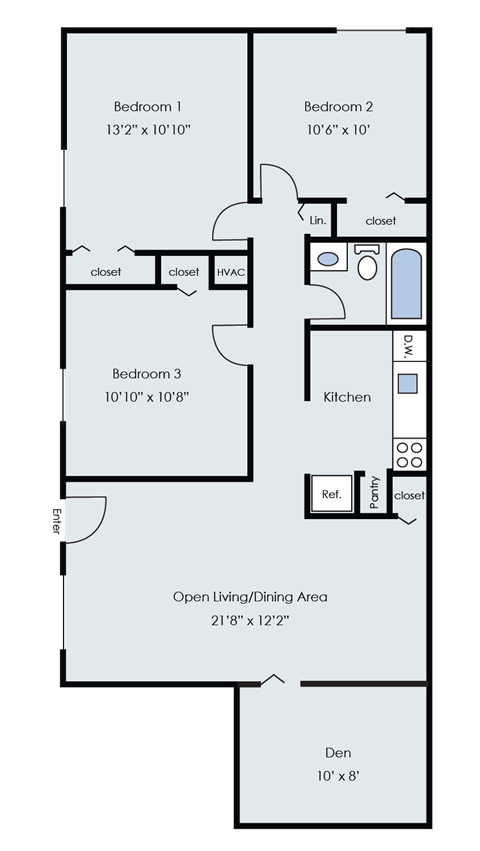 Floor plan for 3 beds, 1 bath, 906 sqft